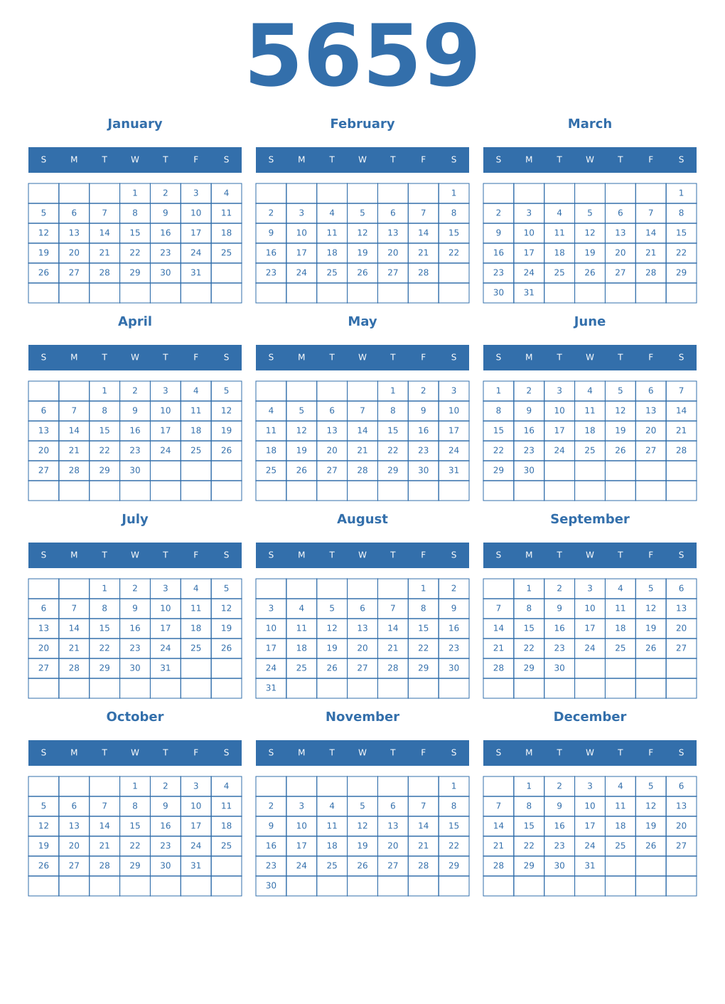 Printable 5659 Year Calendars blue