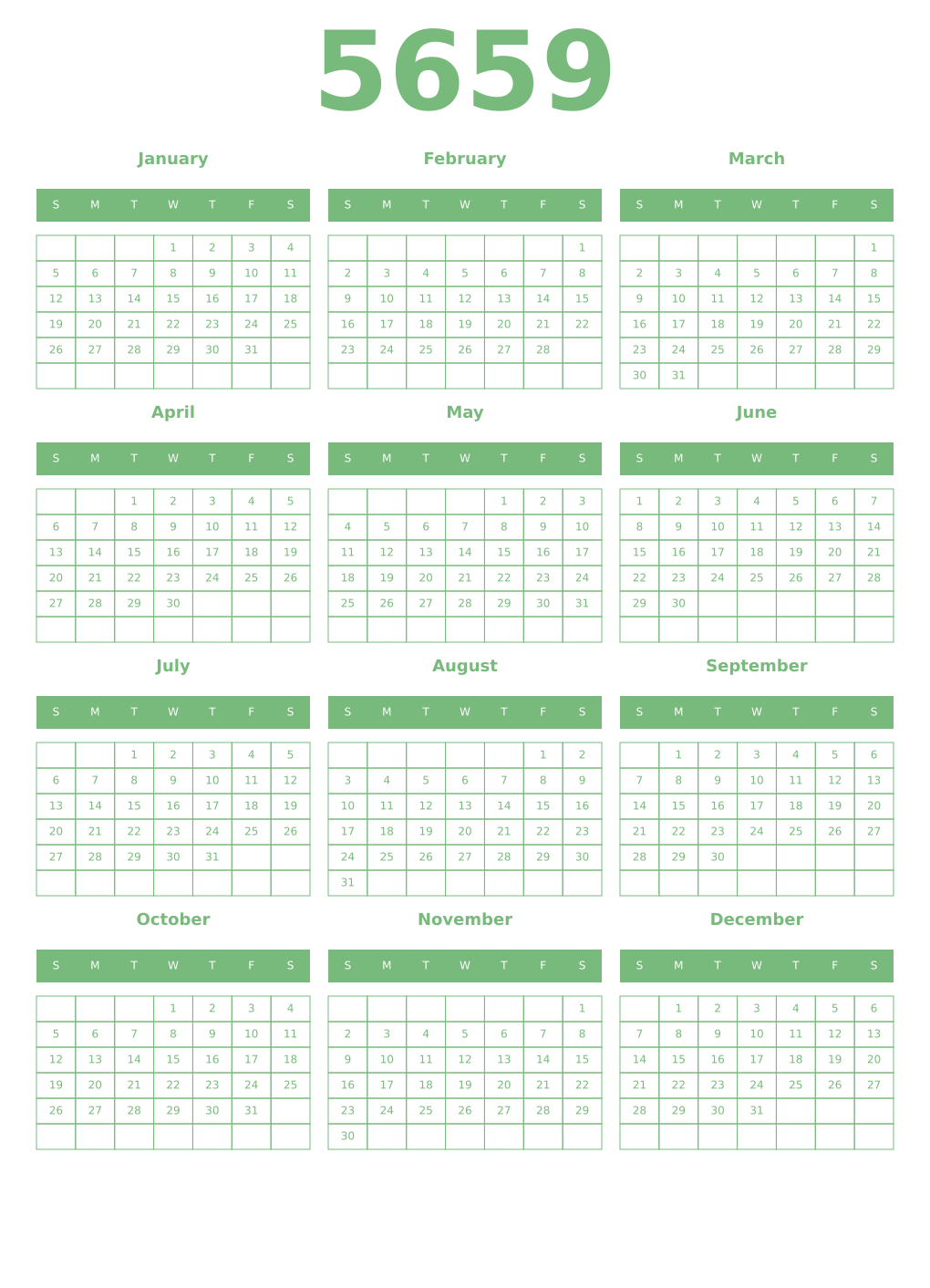 Printable 5659 Year Calendars celadon