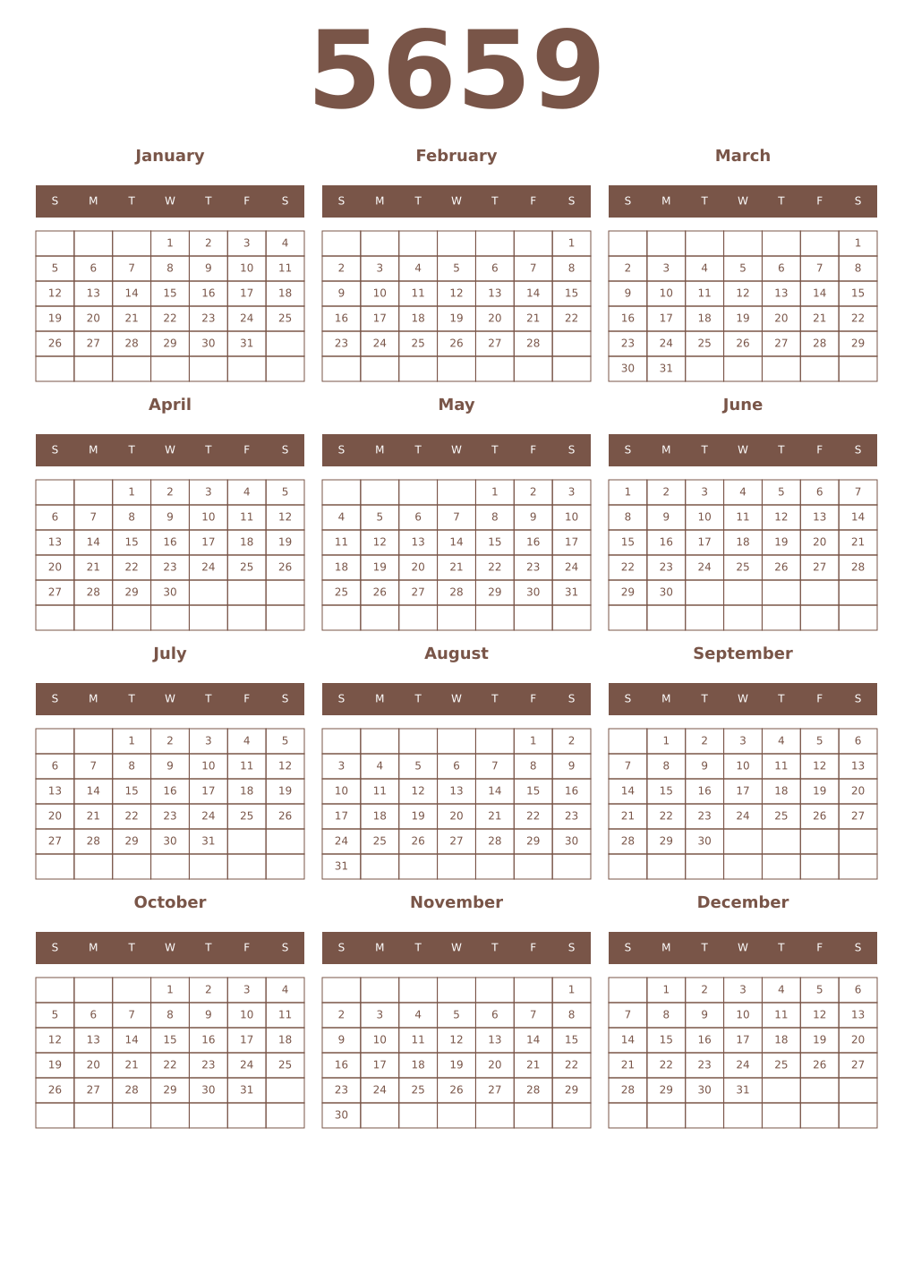 Printable 5659 Year Calendars coffe