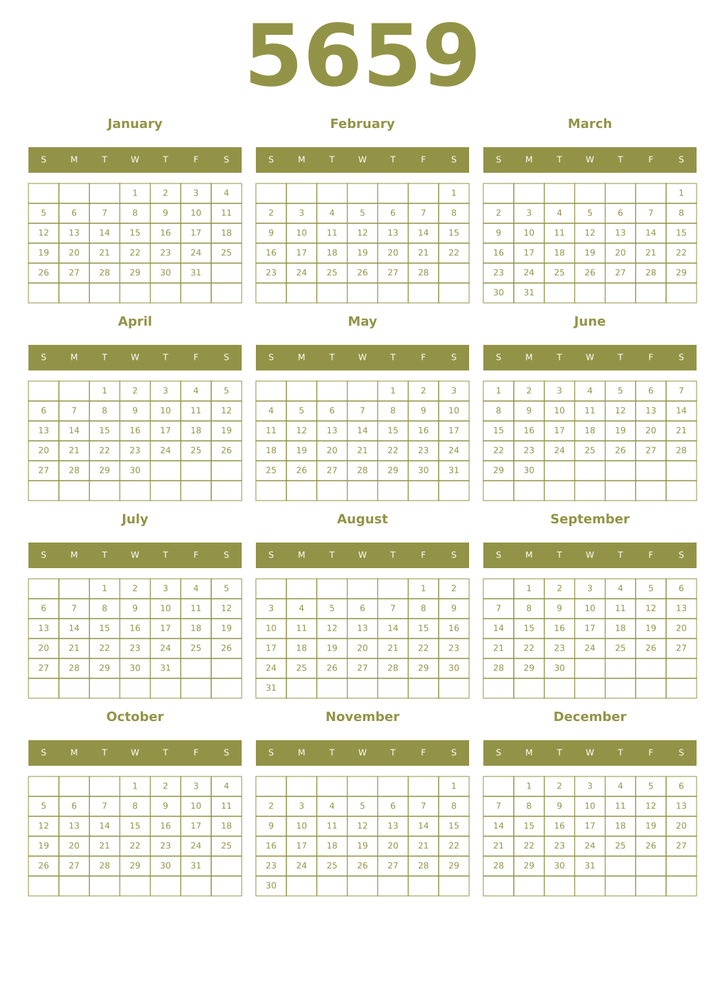 Printable 5659 Year Calendars eburnean