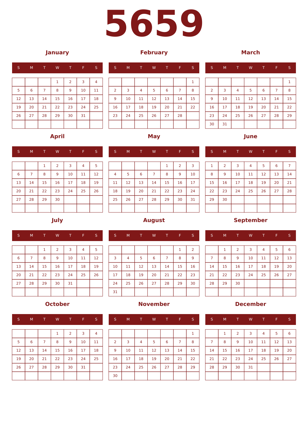 Printable 5659 Year Calendars falu