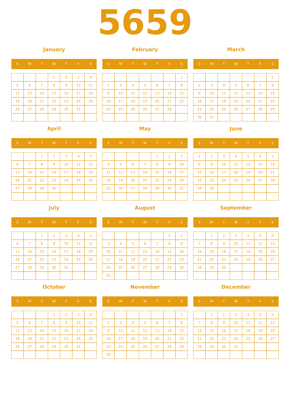 Printable 5659 Year Calendars gamboge