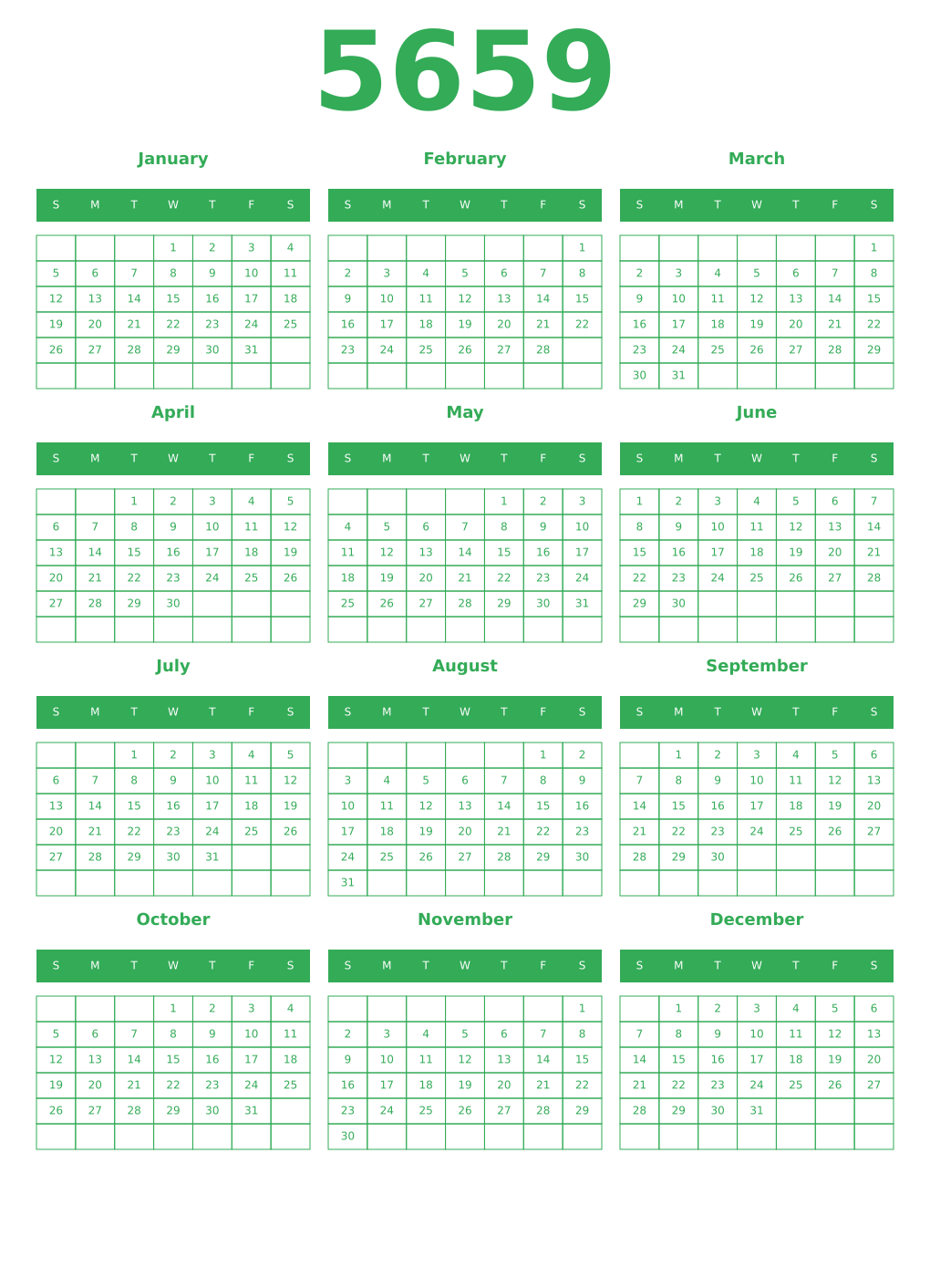 Printable 5659 Year Calendars green