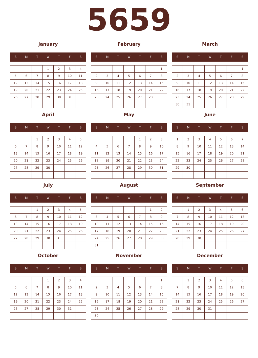 Printable 5659 Year Calendars mortuum