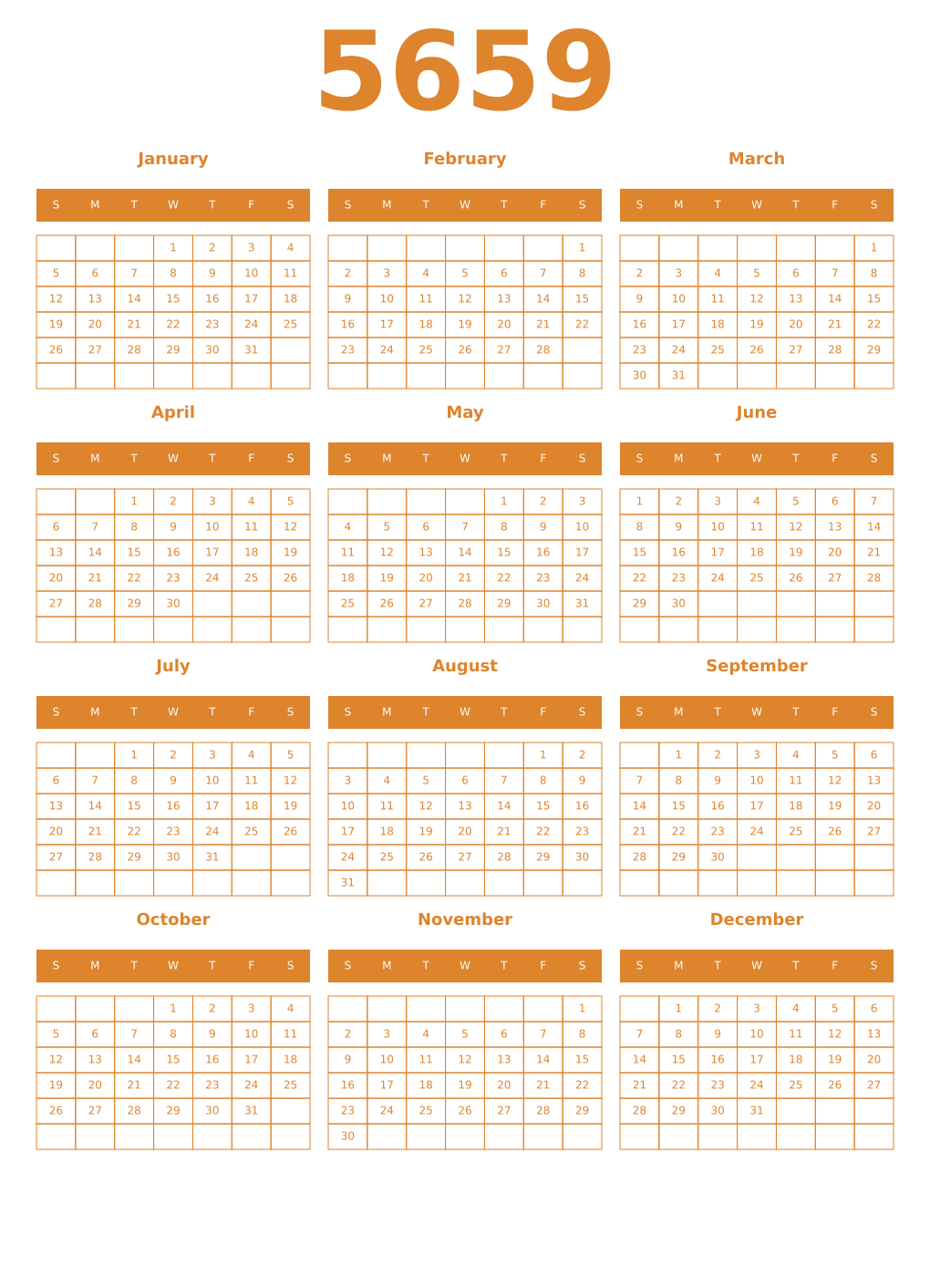 Printable 5659 Year Calendars orange