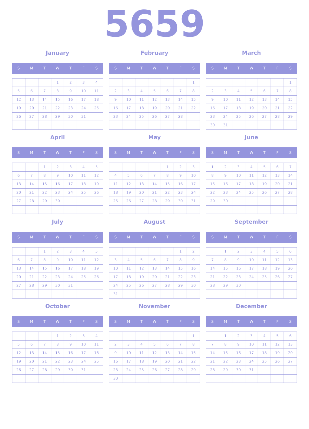 Printable 5659 Year Calendars periwinkle