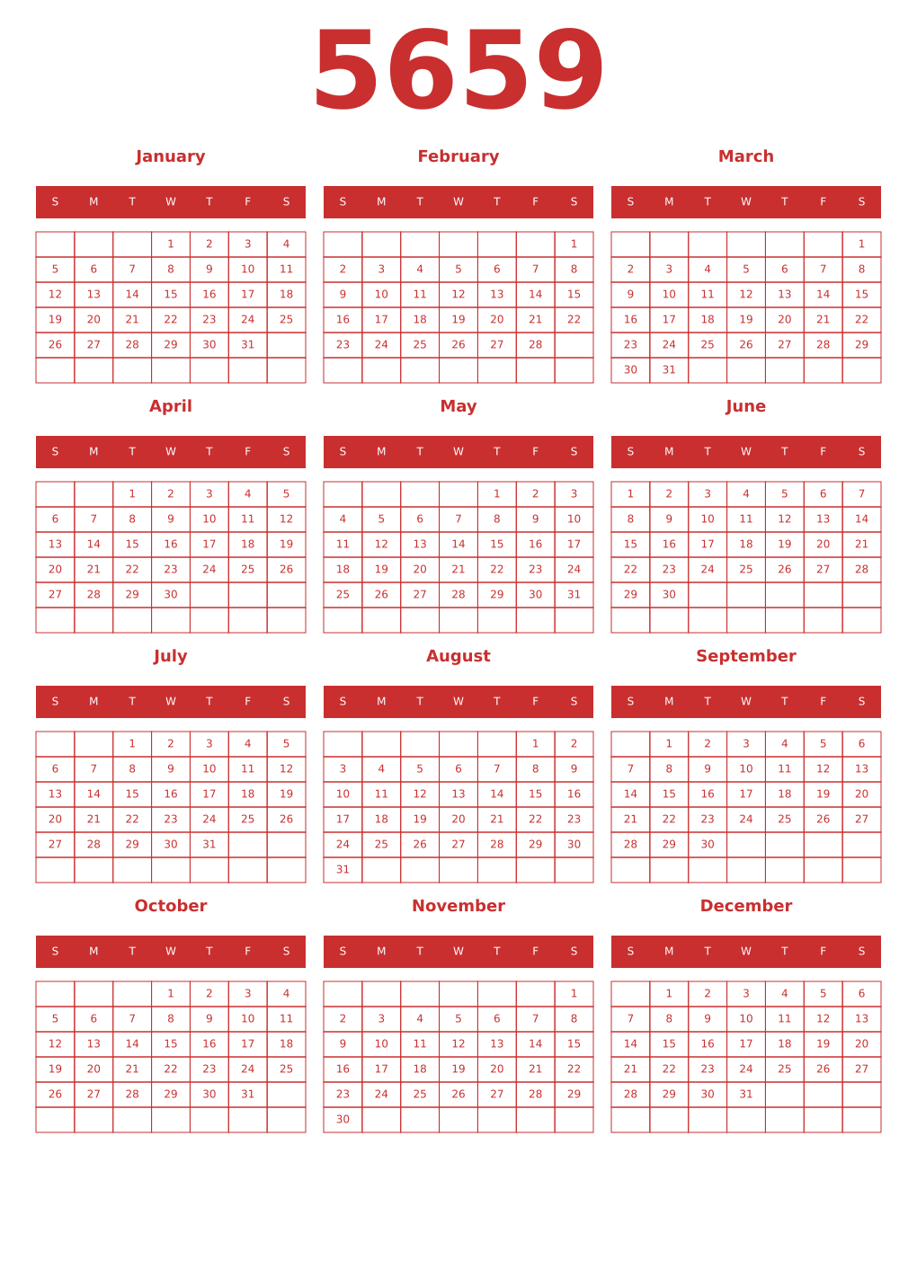 Printable 5659 Year Calendars red