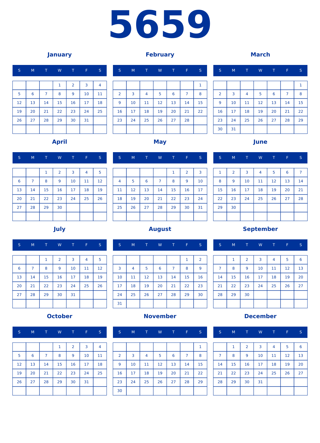 Printable 5659 Year Calendars smalt