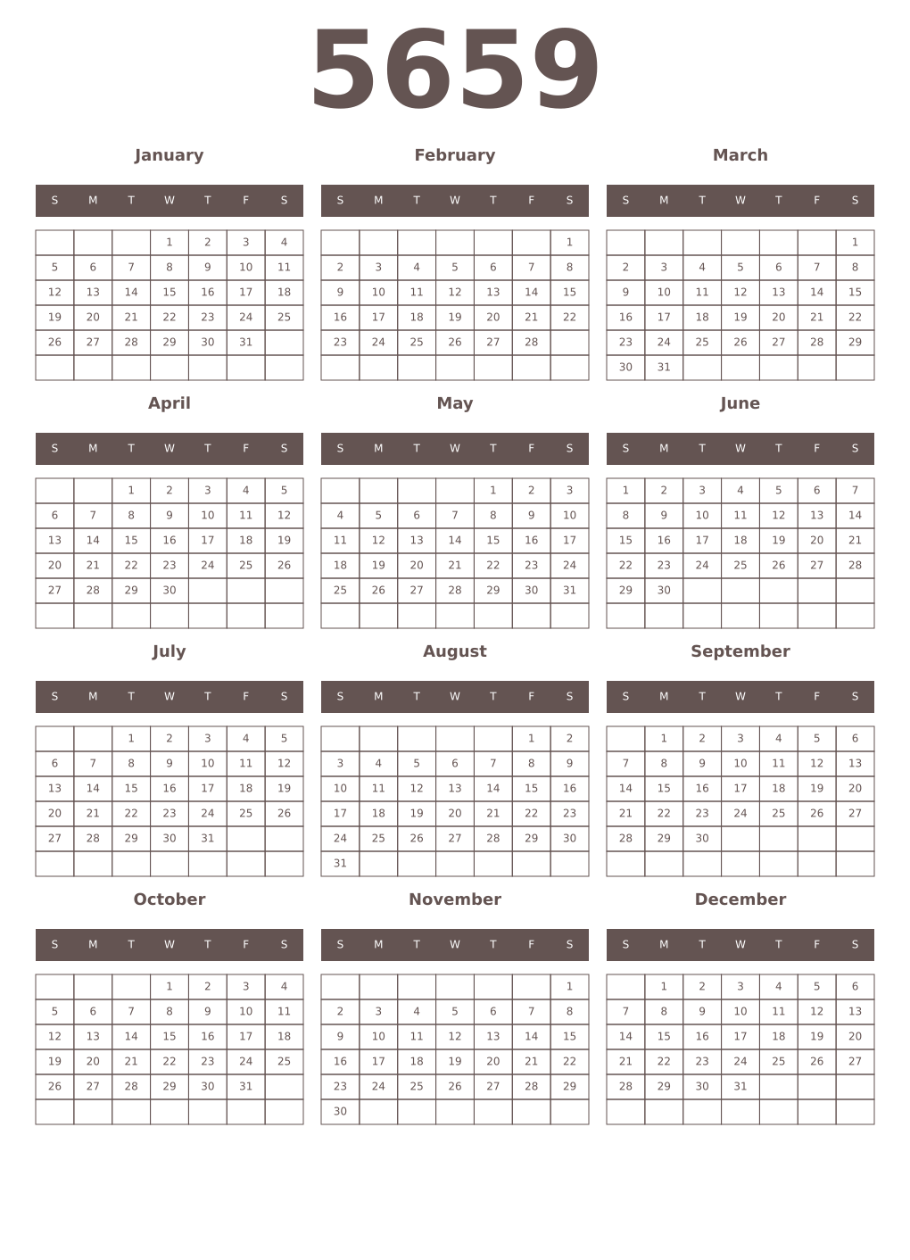 Printable 5659 Year Calendars wenge