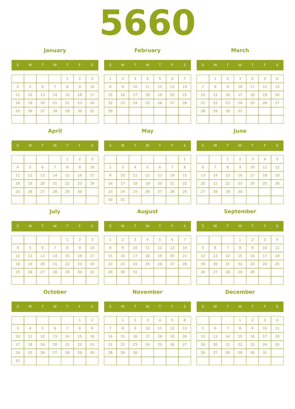 Printable 5660 Year Calendars chartreuse