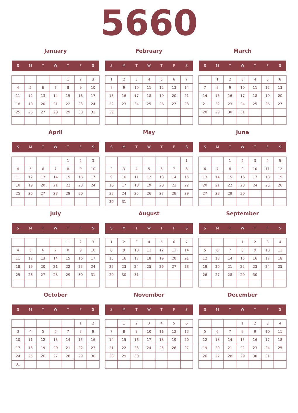 Printable 5660 Year Calendars cordovan