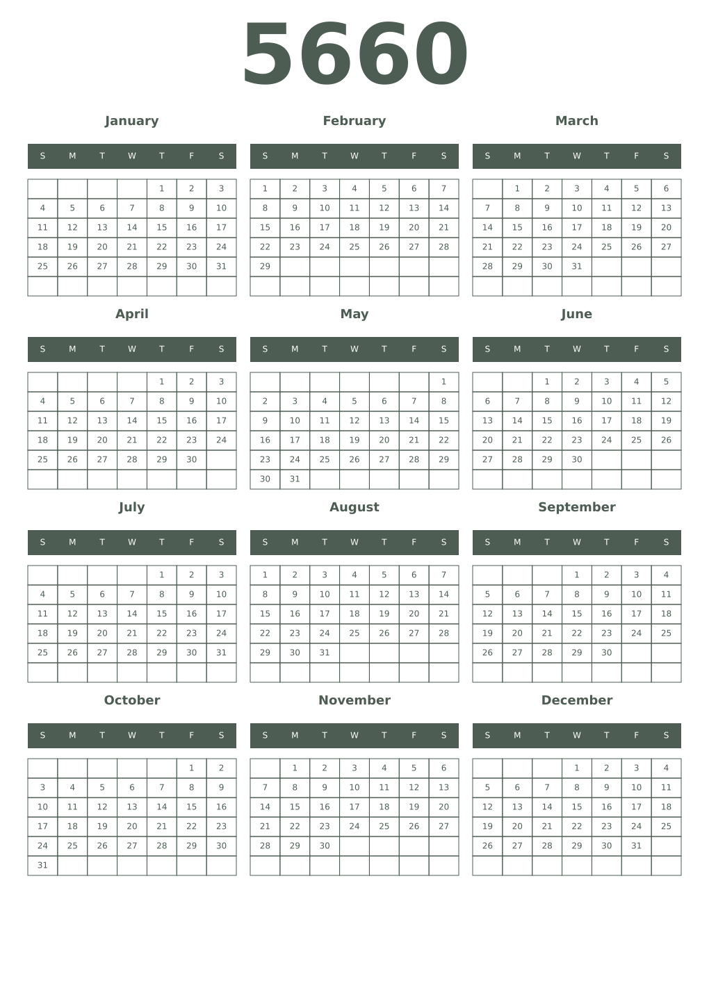 Printable 5660 Year Calendars feldgrau