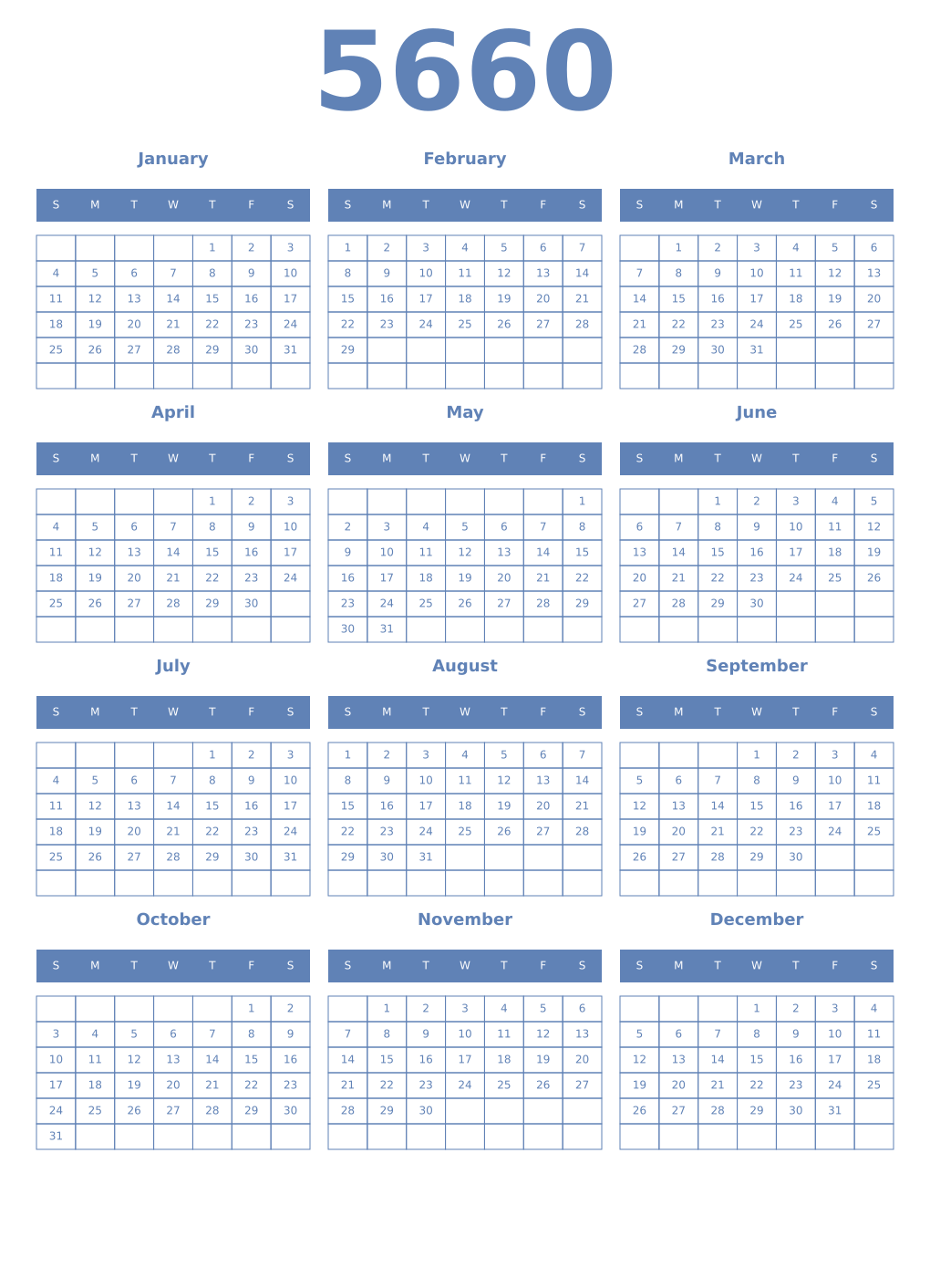 Printable 5660 Year Calendars glaucous