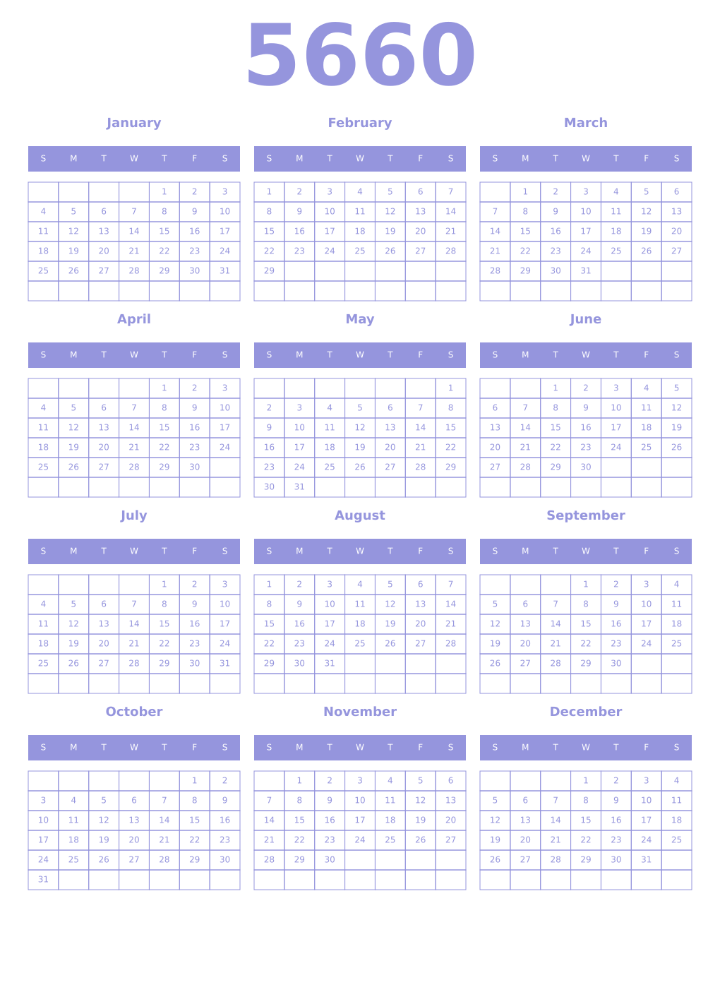Printable 5660 Year Calendars periwinkle