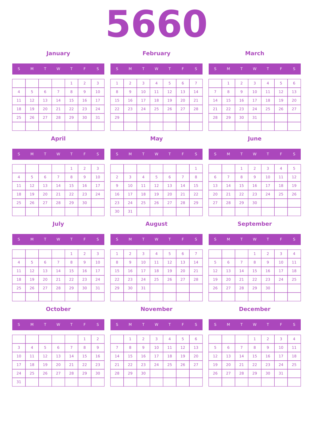 Printable 5660 Year Calendars purple