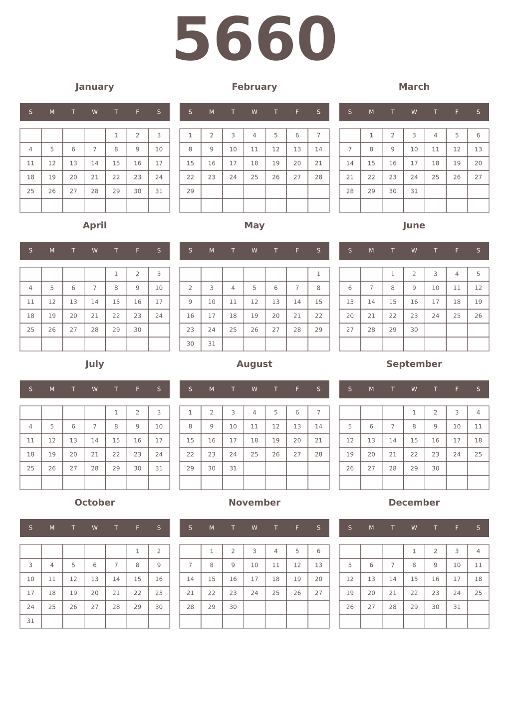 Printable 5660 Year Calendars wenge