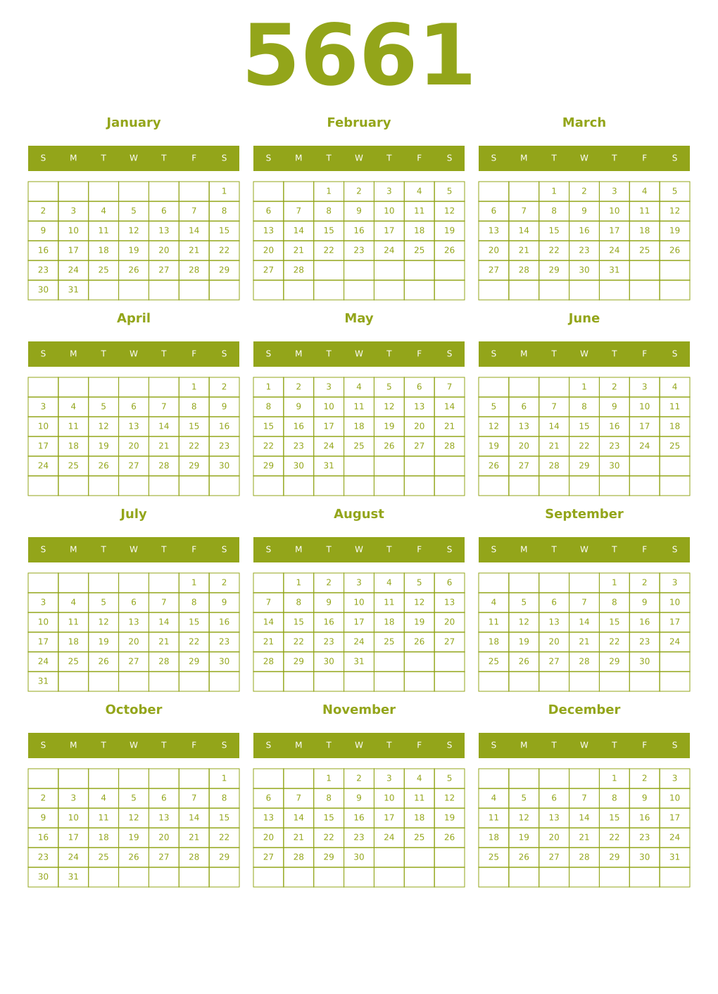Printable 5661 Year Calendars chartreuse