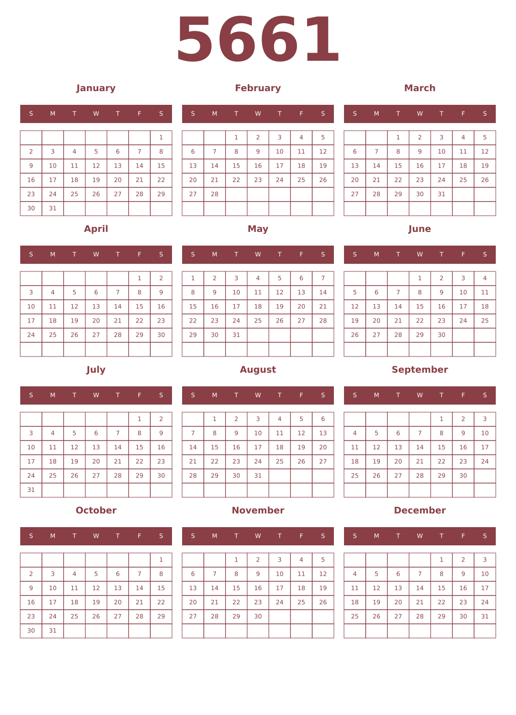 Printable 5661 Year Calendars cordovan