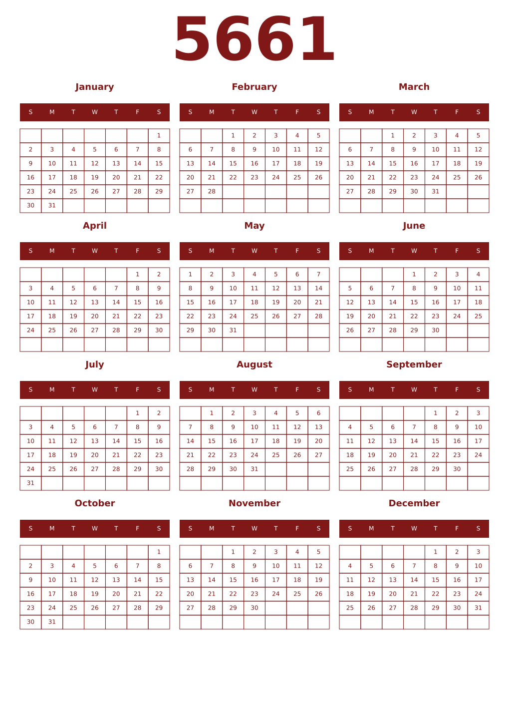 Printable 5661 Year Calendars falu