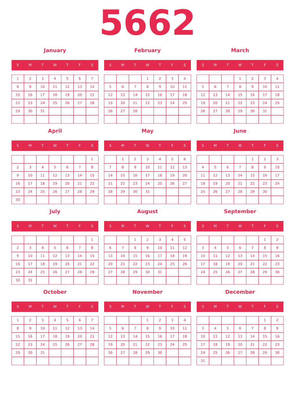 Printable 5662 Year Calendars amaranth