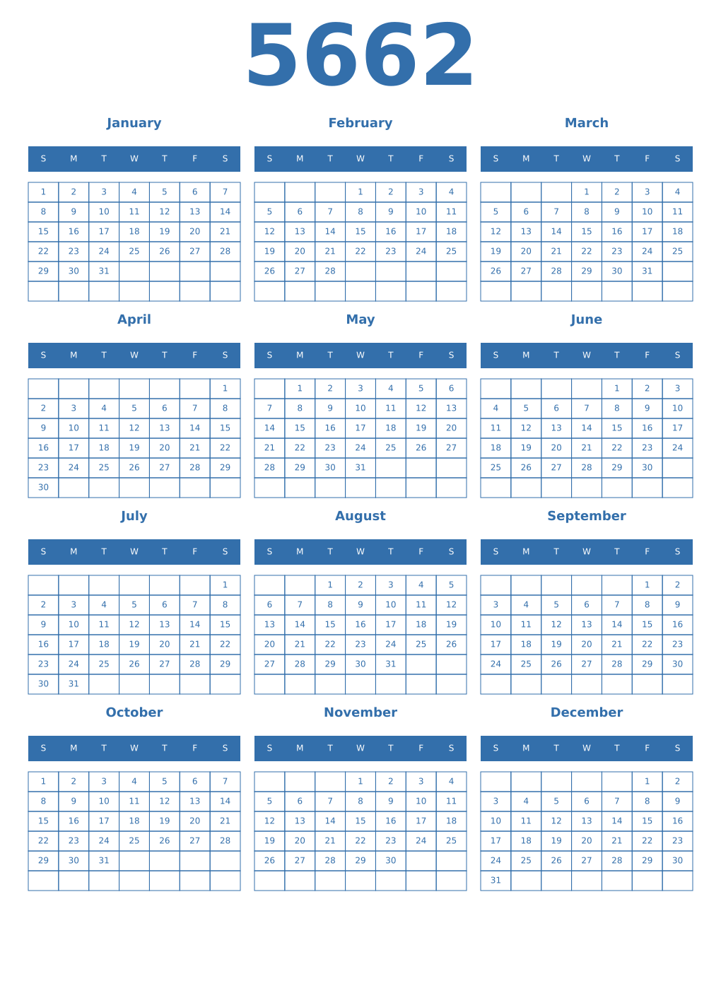Printable 5662 Year Calendars blue