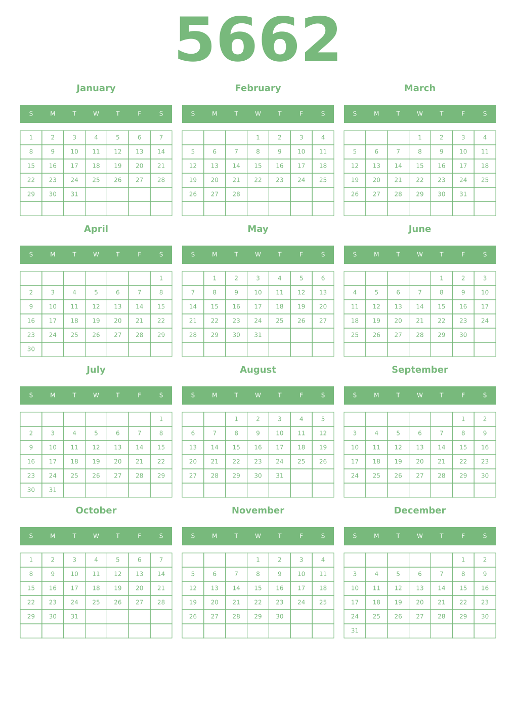 Printable 5662 Year Calendars celadon