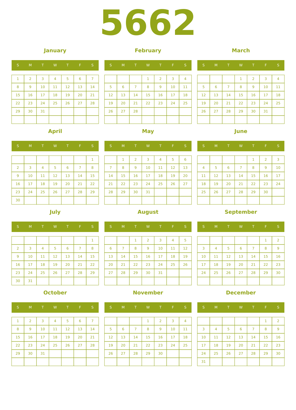 Printable 5662 Year Calendars chartreuse