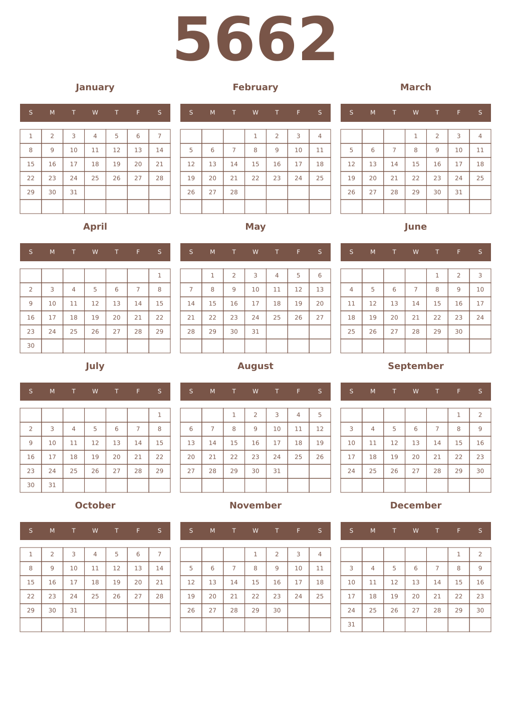 Printable 5662 Year Calendars coffe