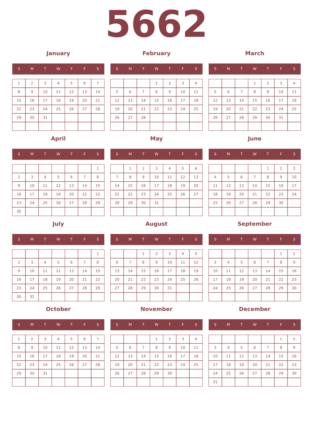 Printable 5662 Year Calendars cordovan