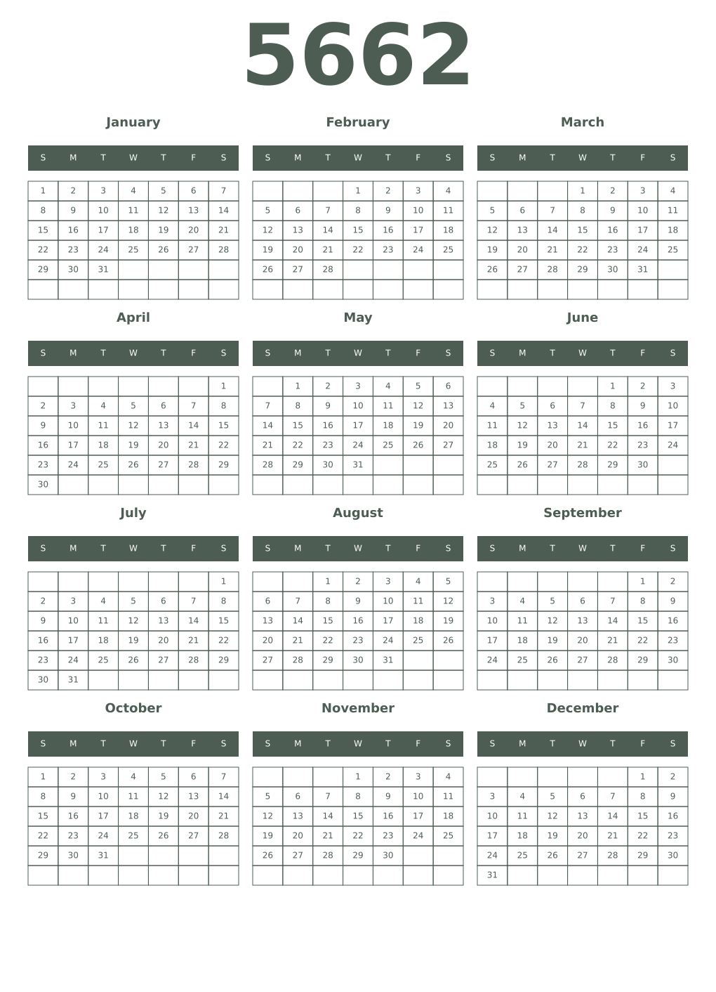 Printable 5662 Year Calendars feldgrau