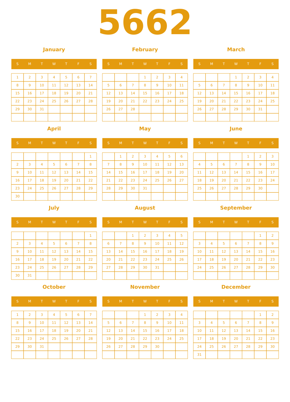 Printable 5662 Year Calendars gamboge