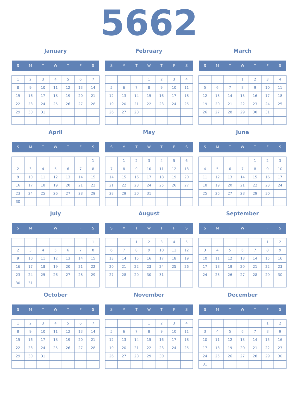 Printable 5662 Year Calendars glaucous