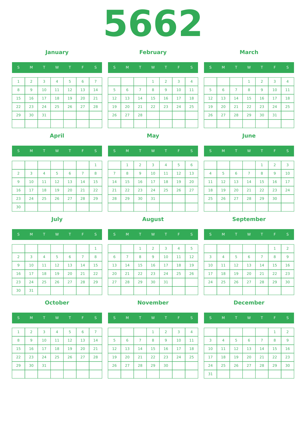 Printable 5662 Year Calendars green