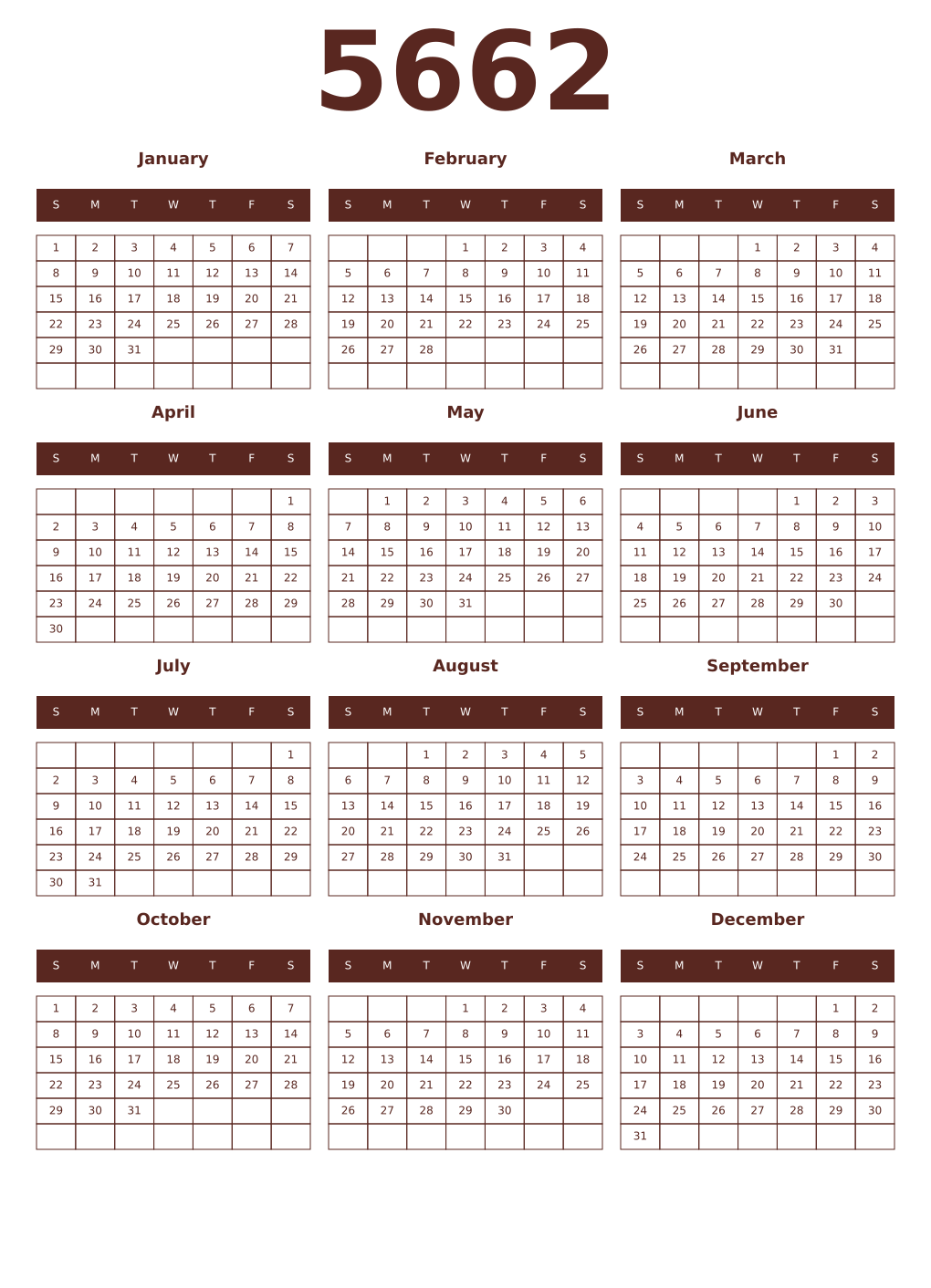 Printable 5662 Year Calendars mortuum