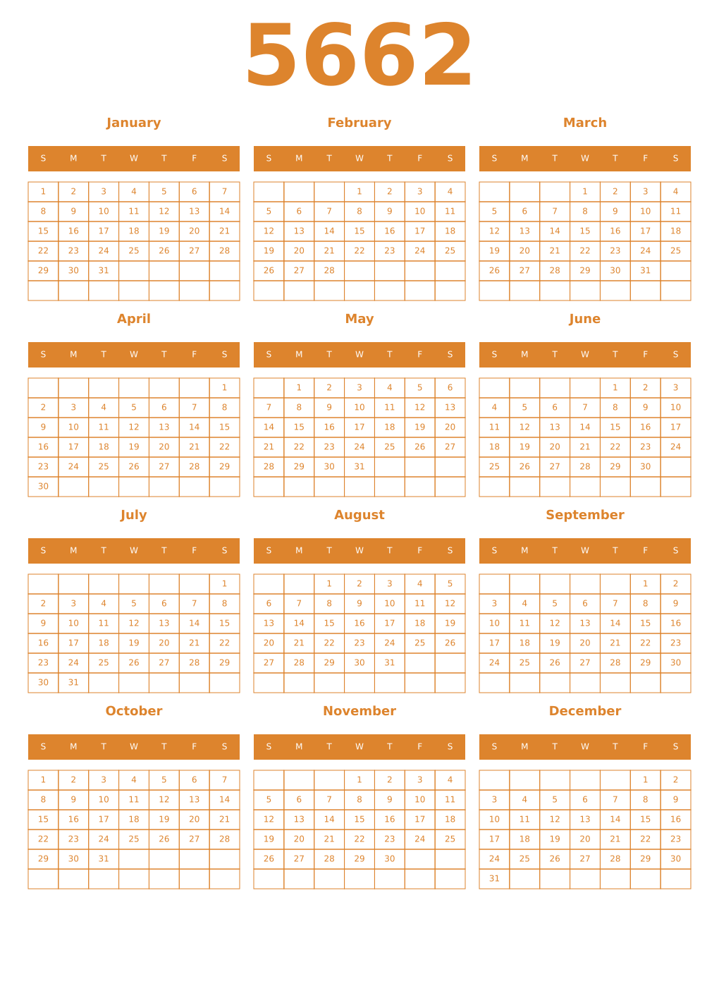Printable 5662 Year Calendars orange