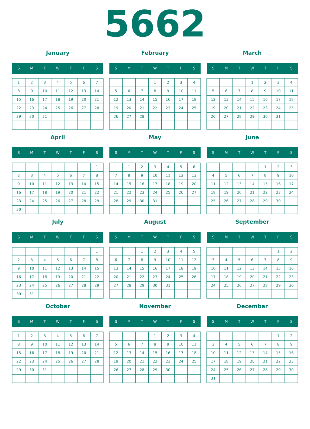 Printable 5662 Year Calendars pastel