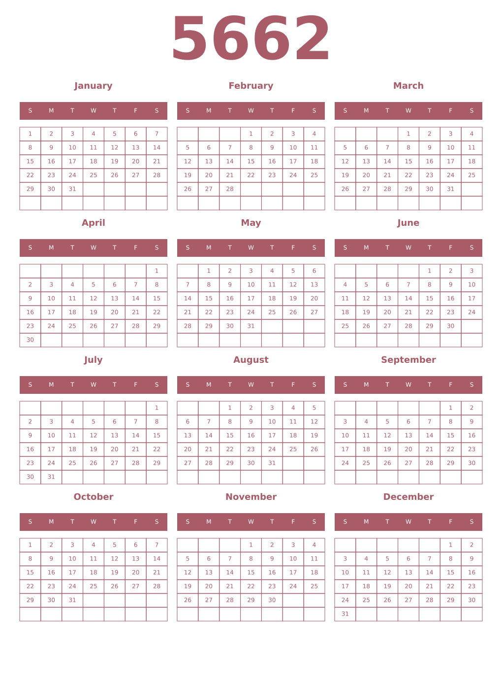 Printable 5662 Year Calendars puce