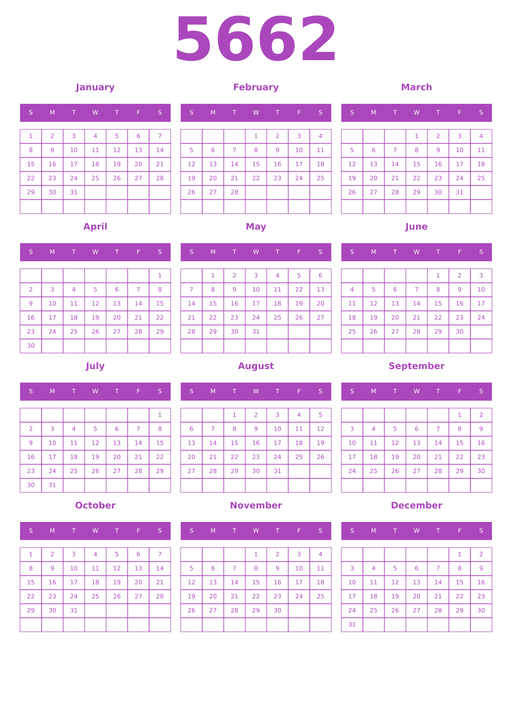 Printable 5662 Year Calendars purple