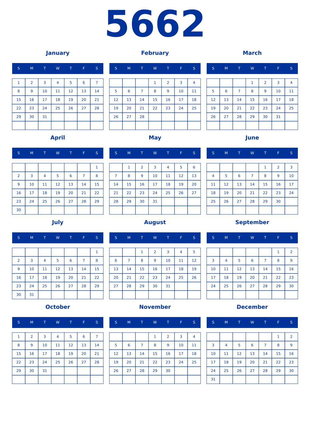 Printable 5662 Year Calendars smalt