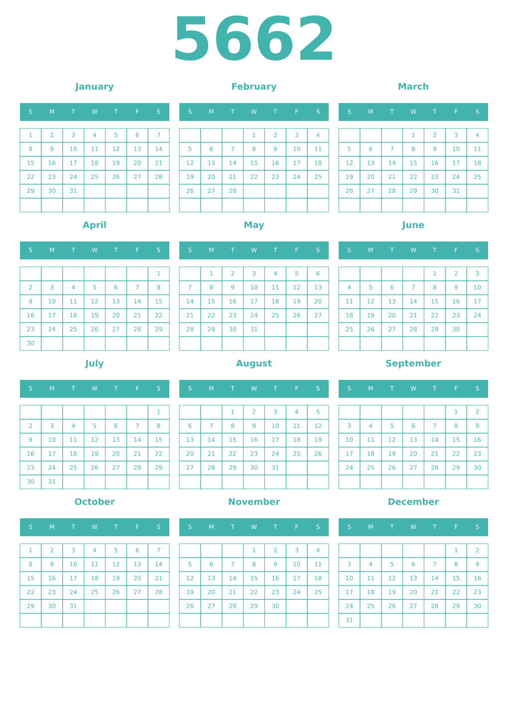 Printable 5662 Year Calendars verdigris