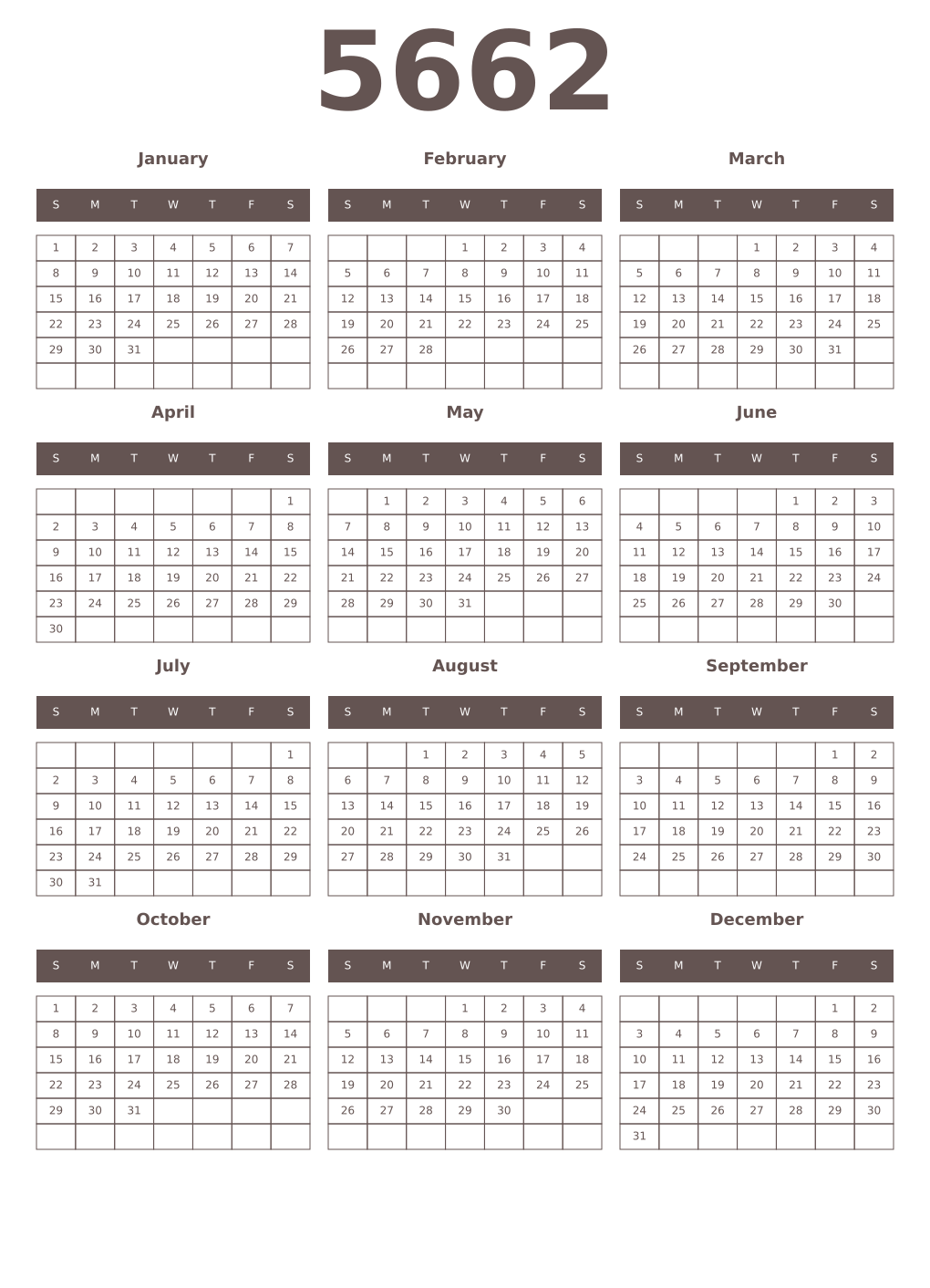 Printable 5662 Year Calendars wenge