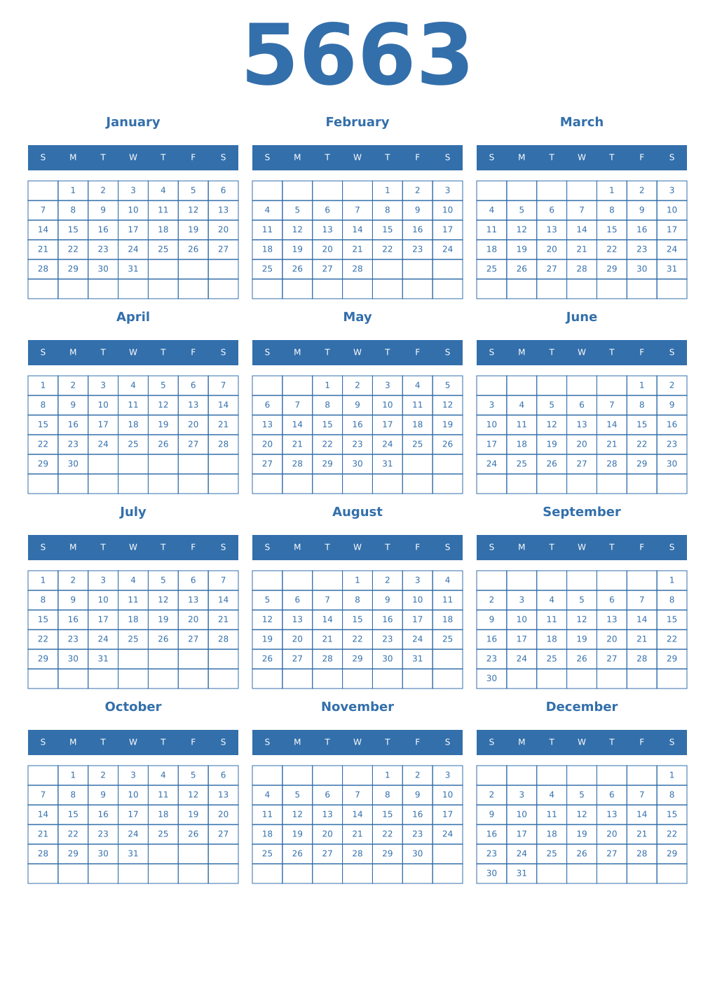 Printable 5663 Year Calendars blue