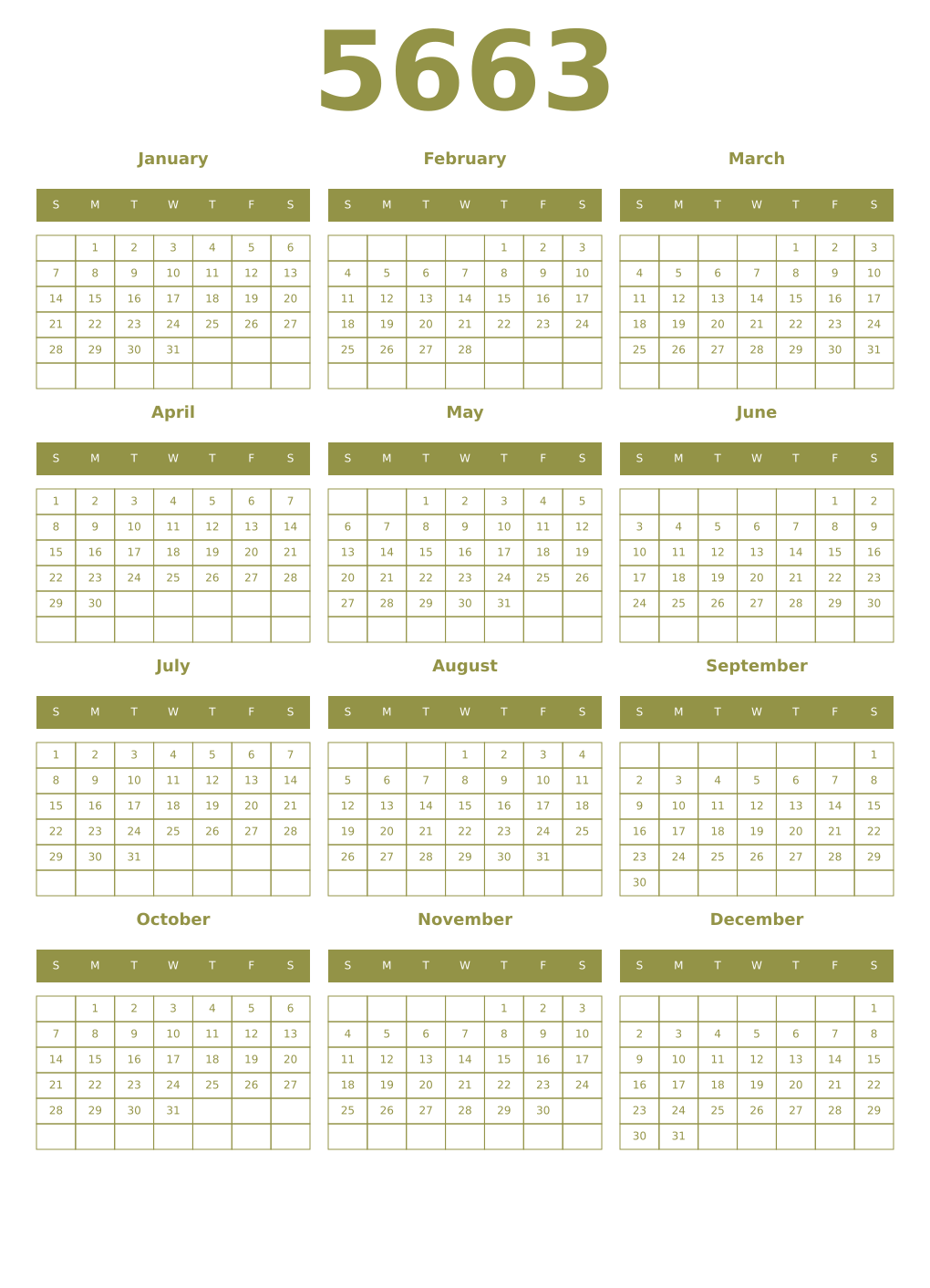 Printable 5663 Year Calendars eburnean