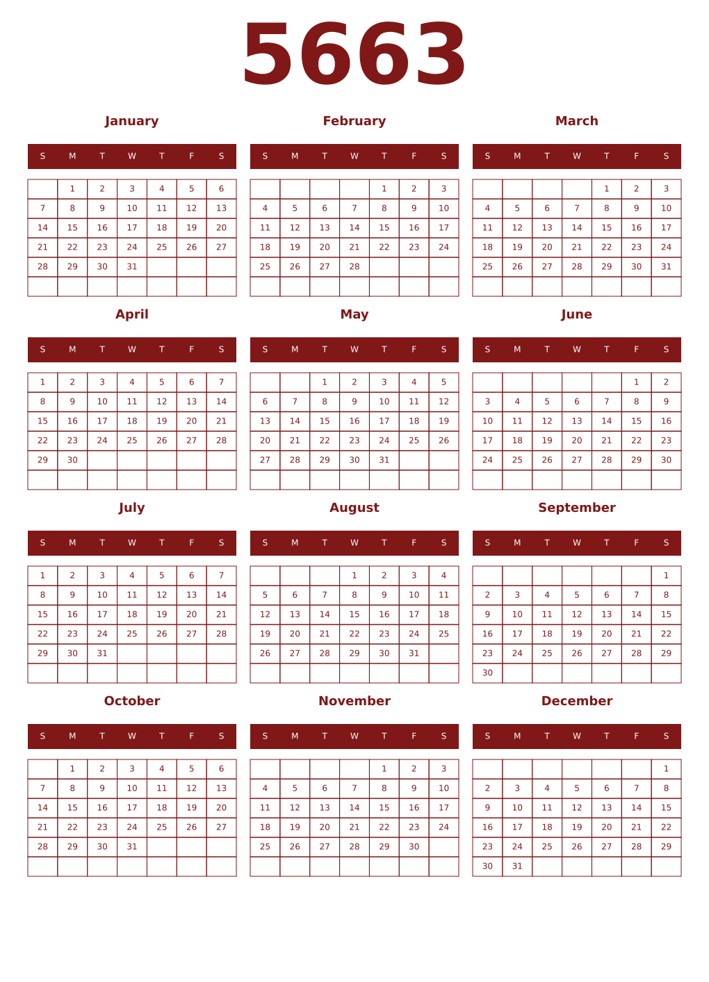 Printable 5663 Year Calendars falu