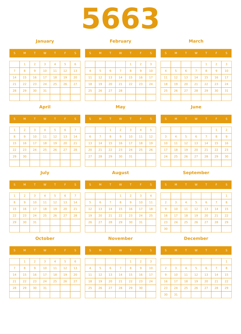 Printable 5663 Year Calendars gamboge