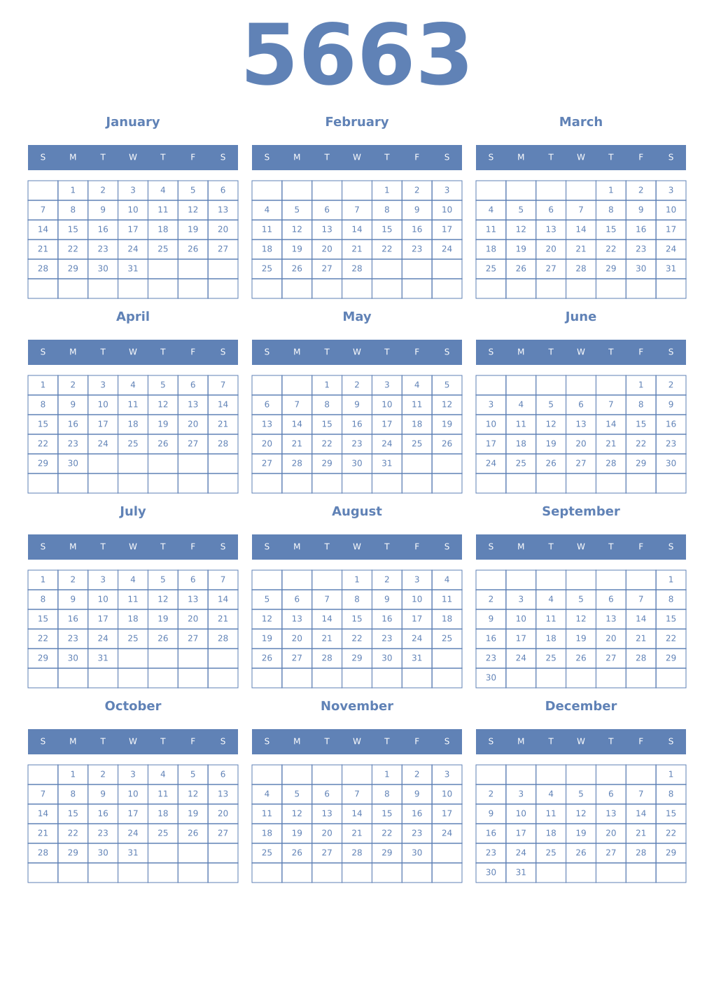Printable 5663 Year Calendars glaucous