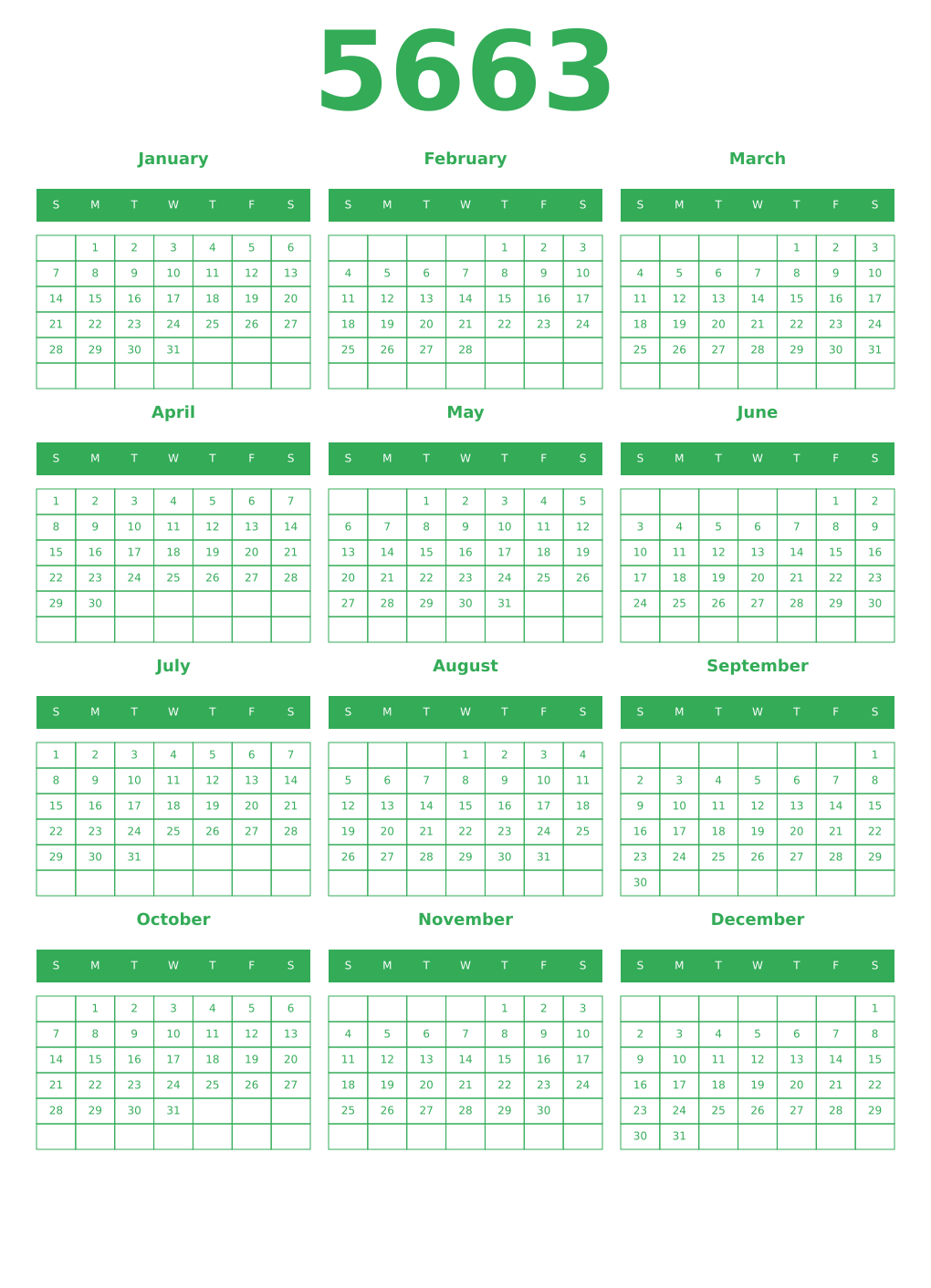 Printable 5663 Year Calendars green