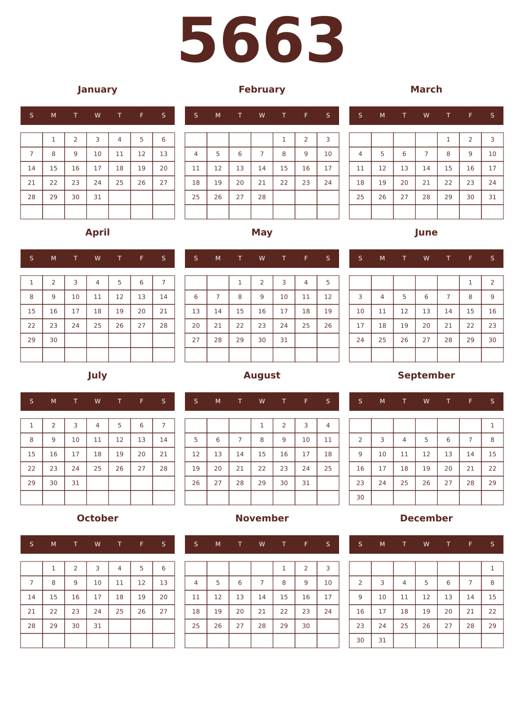 Printable 5663 Year Calendars mortuum