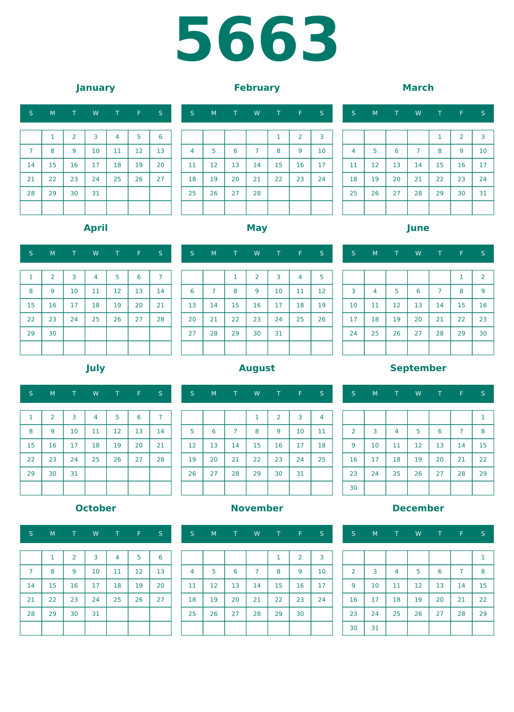 Printable 5663 Year Calendars pastel