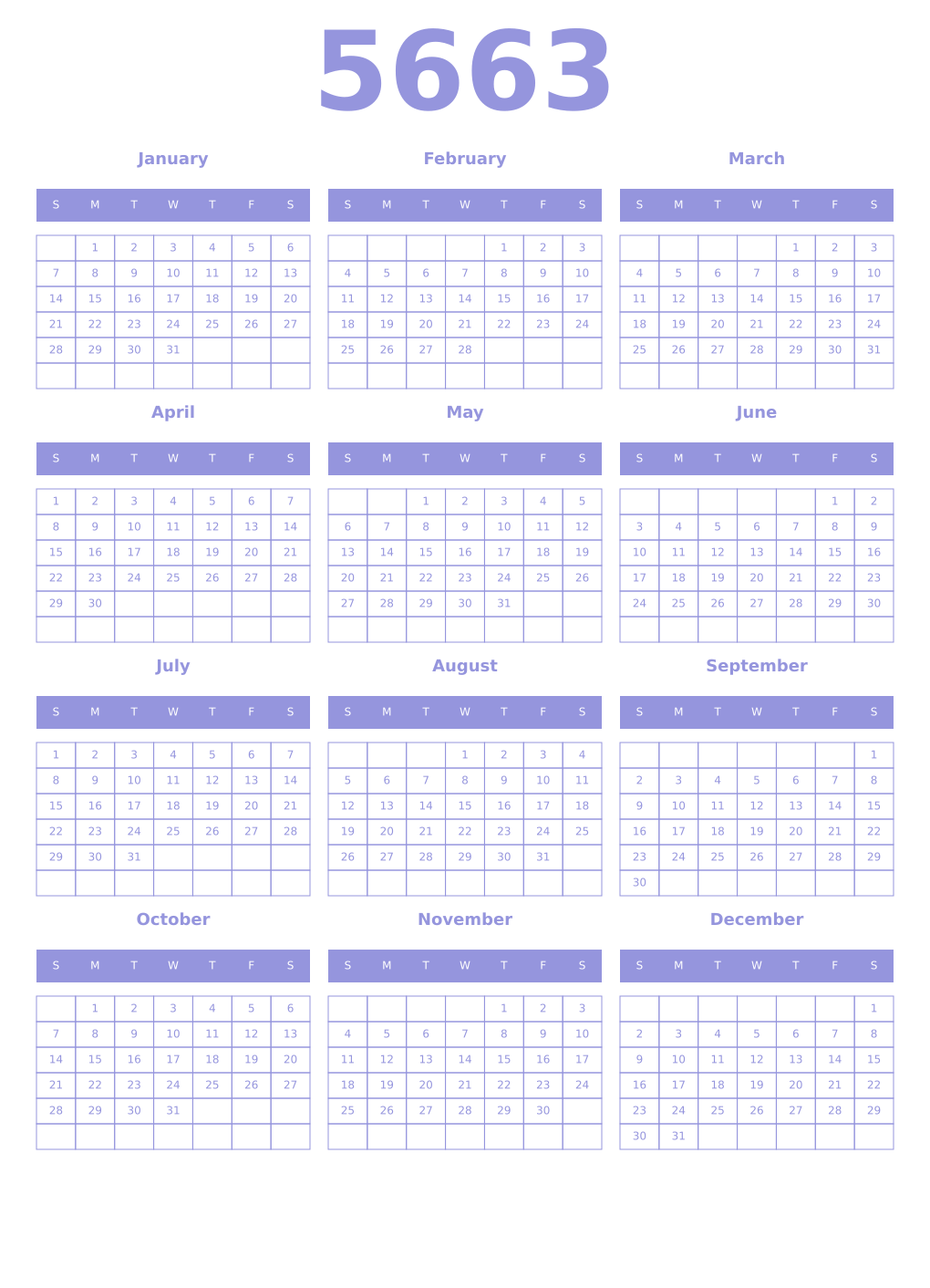 Printable 5663 Year Calendars periwinkle